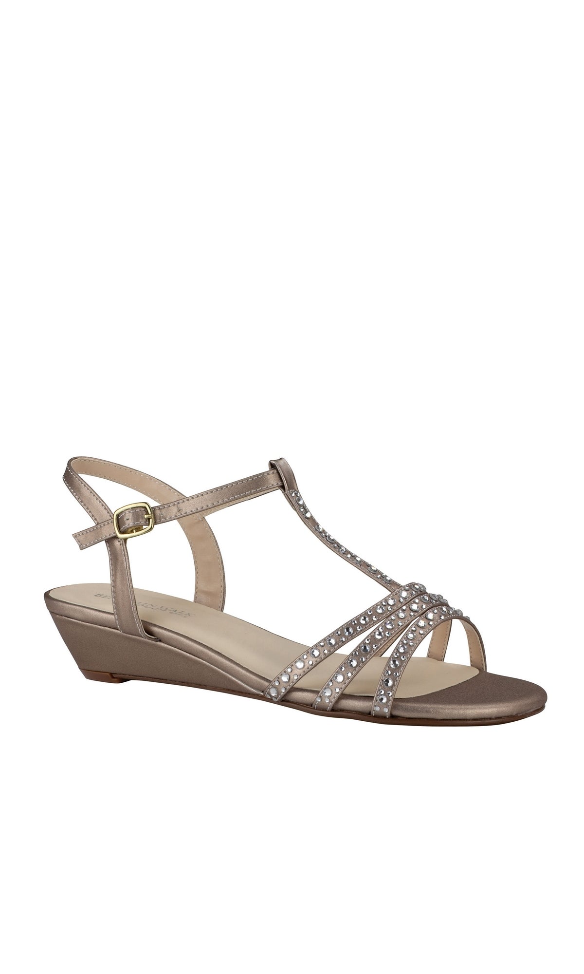 The Hailey Champagne Low Wedge Prom Shoes 4552 feature an ankle strap, open toe, and rhinestone-detailed straps—ideal for comfort and style at prom.